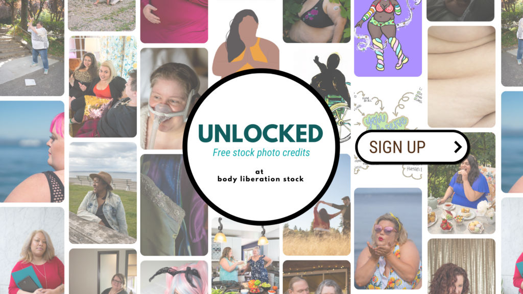 A collage of stock images featuring fat people, some photos and some illustrations. Text on top reads, "Unlocked: Free stock photo credits at Body Liberation Stock."