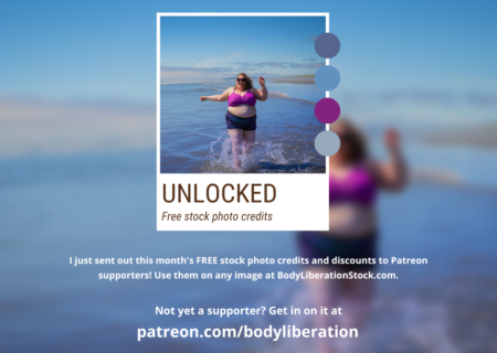 A fat white woman running on a beach in a swimsuit. Text overlaid on top is similar to the text in this post.