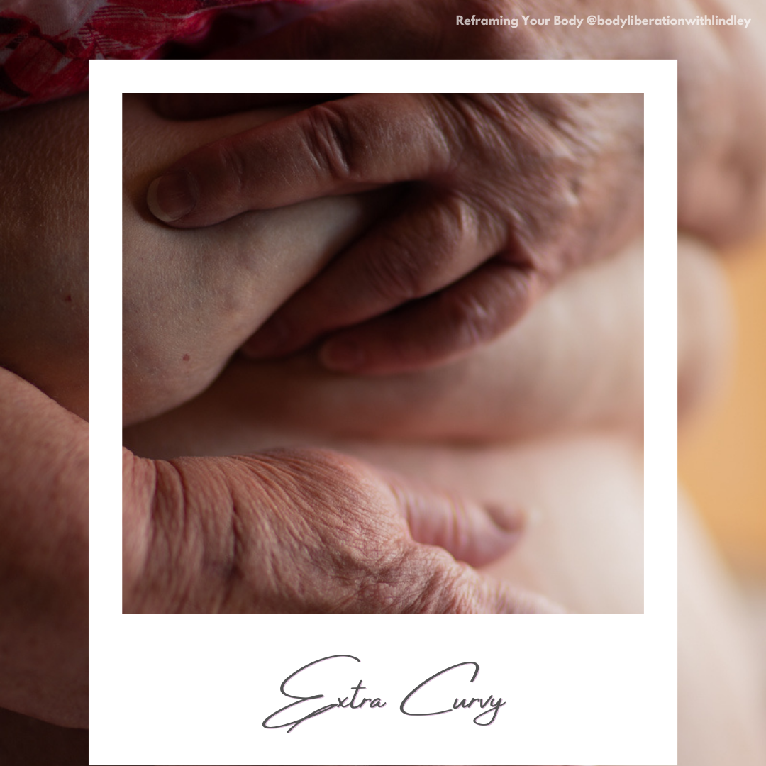 An older white woman's hands grasping her belly rolls. A faux polaroid frame is on top with today's body image reframing word written on the frame.