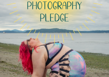 A fat white woman does a backbend on a beach in a strappy bathing suit. Over her head is the title of the post, Why I took the body-positive photography pledge.