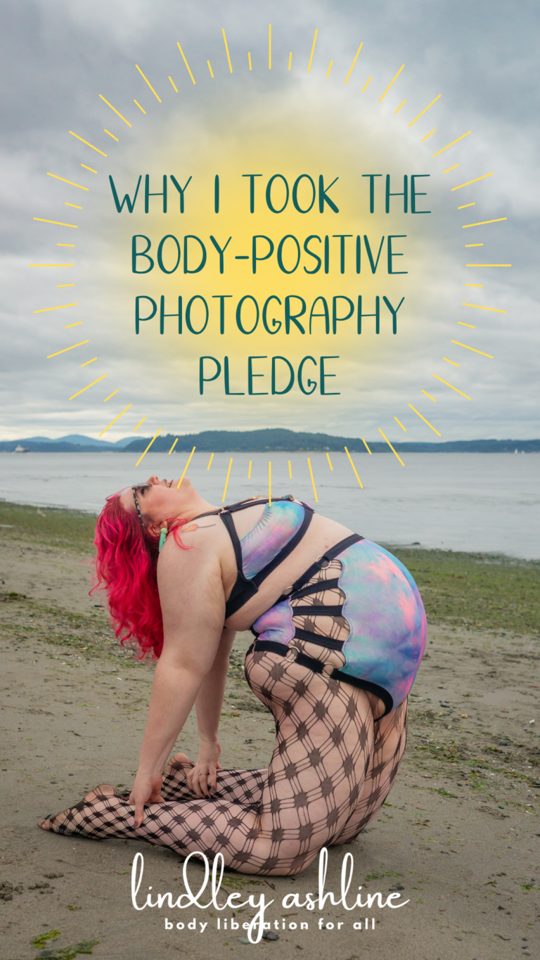 A fat white woman does a backbend on a beach in a strappy bathing suit. Over her head is the title of the post, Why I took the body-positive photography pledge.