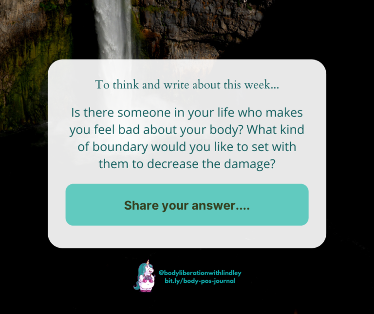 A photo of a waterfall with a graphic box containing the journaling prompt. Lindley's logo is at the bottom.