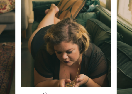 A woman lying on a velvet couch and looking down at the necklace pendant she's holding. A faux polaroid frame is on top with today's word written on the frame.