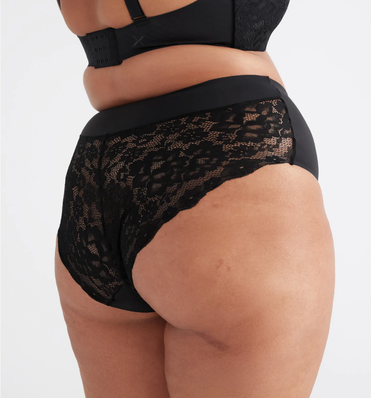 A torso and buttocks shown from behind wearing a black bra and black lace inset underwear