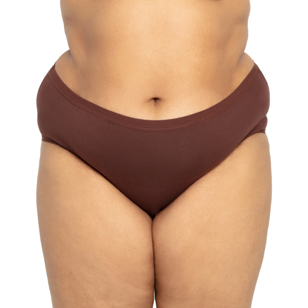A person's torso and legs wearing brown underwear