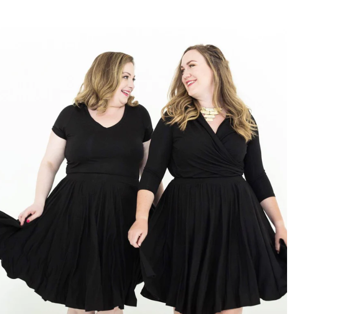 Image description: two fat people look at each other, laughing, both in black skirts and black tops