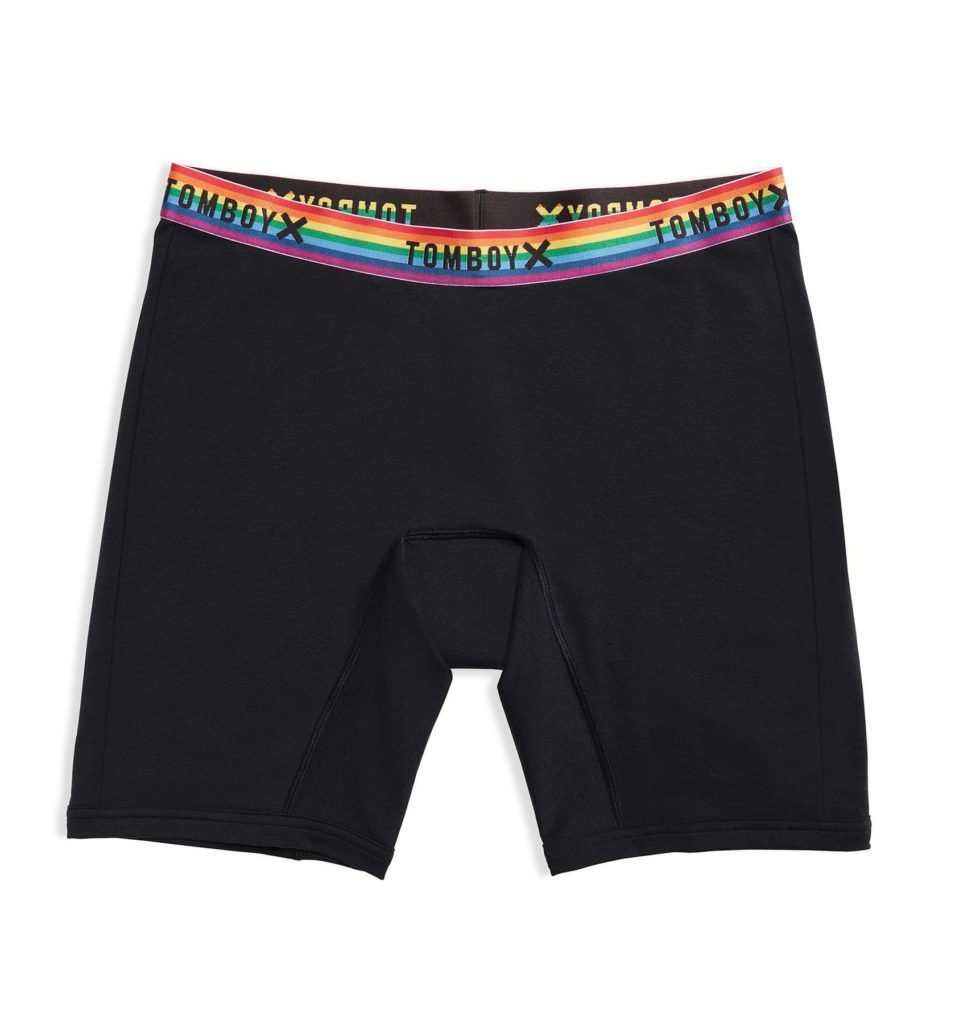 A pair of black boxer shorts with a rainbow waistband
