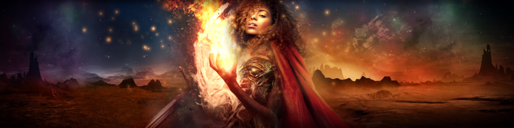 A Black woman in the center of a night sky with fire coming from her hand