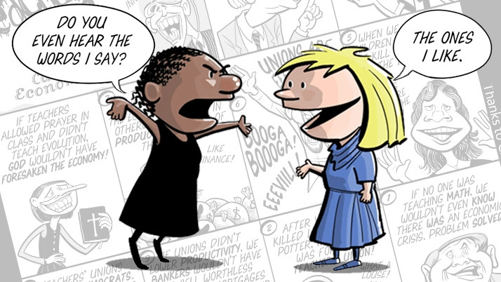 A comic strip with a Black person on the left saying "Do you even hear the words I say?" and a white person on the right saying "The ones I like."