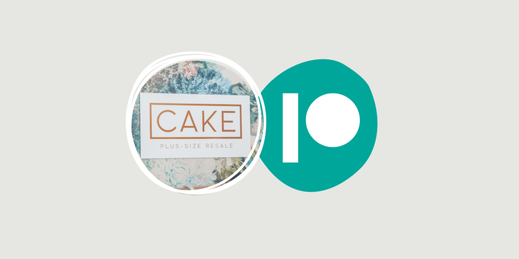 A cream background with a circle with a sign in it  reading "CAKE Plus-size Resale" and another circle with the Patreon logo