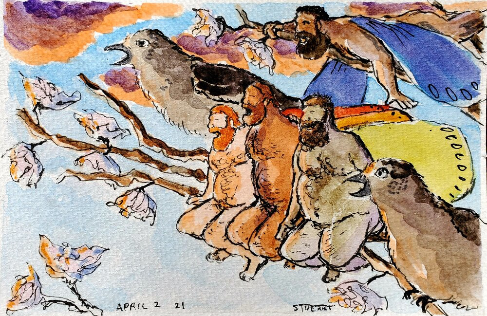A watercolor painting of fat hairy nude men singing with birds on a branch