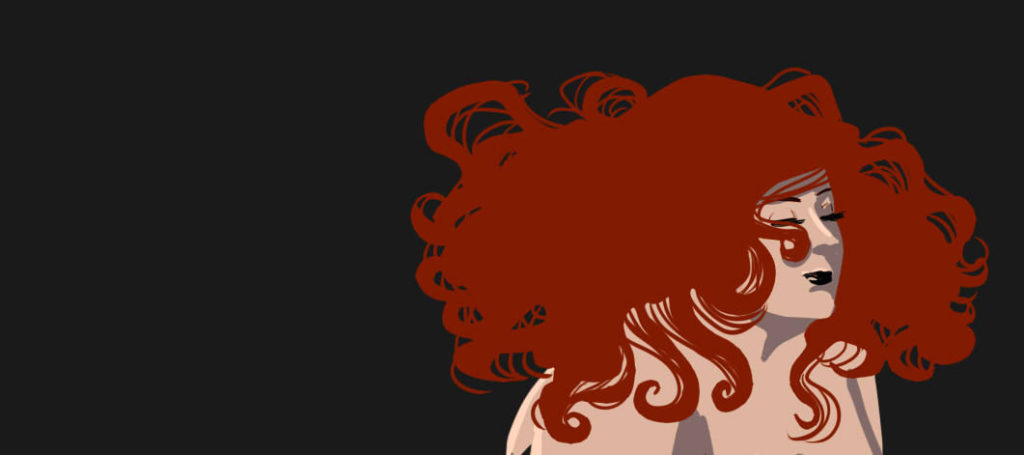 A fat person with red hair and black lipstick on a black background