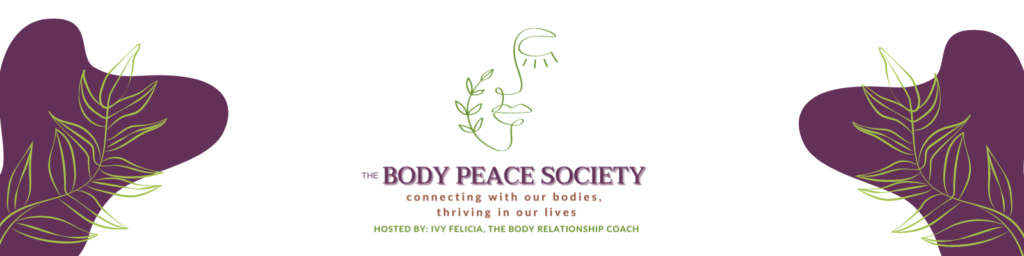 A purple pattern with leaves on both sides; Text in the center that reads "Body Peace Society" 