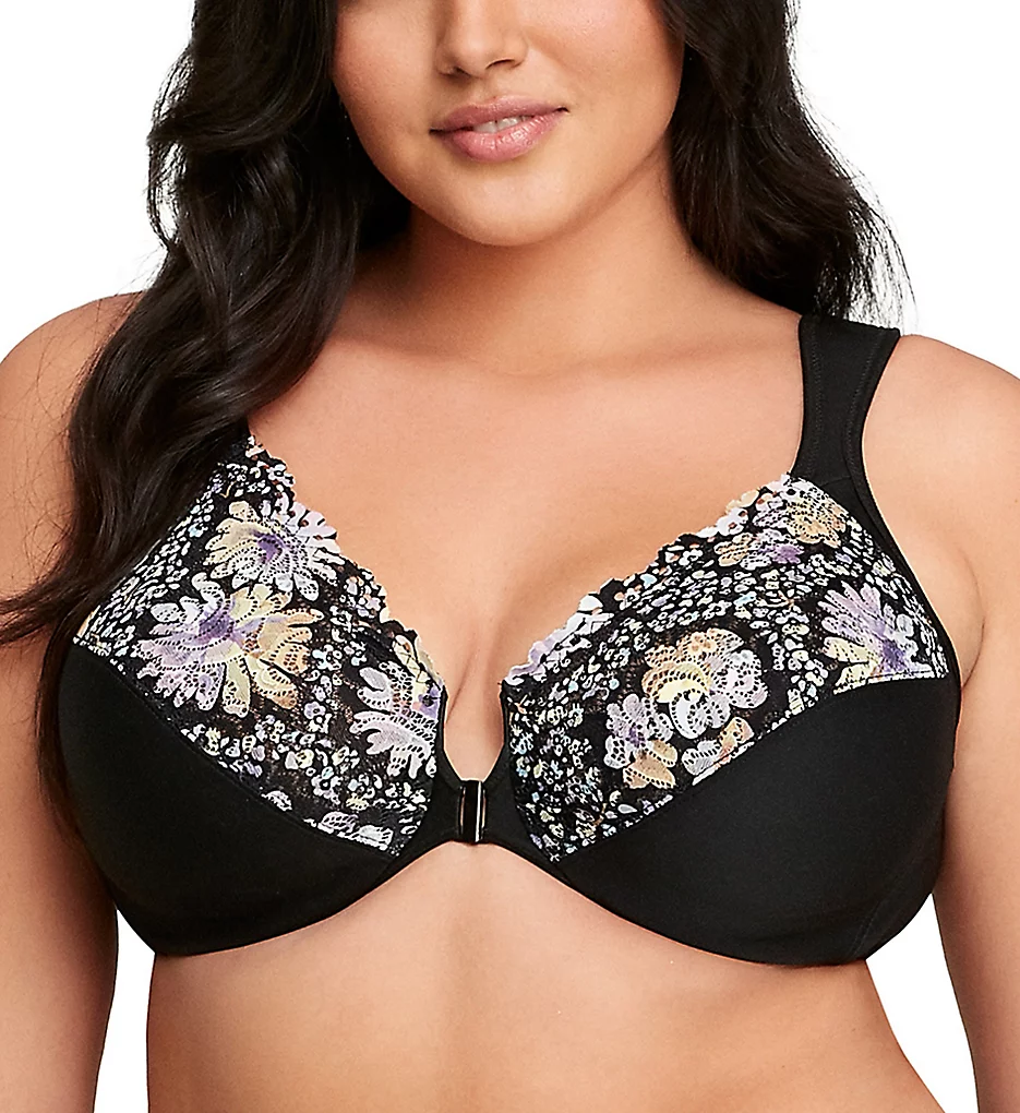 Image description: A person wearing a black bra with printed lace flowers on the cups