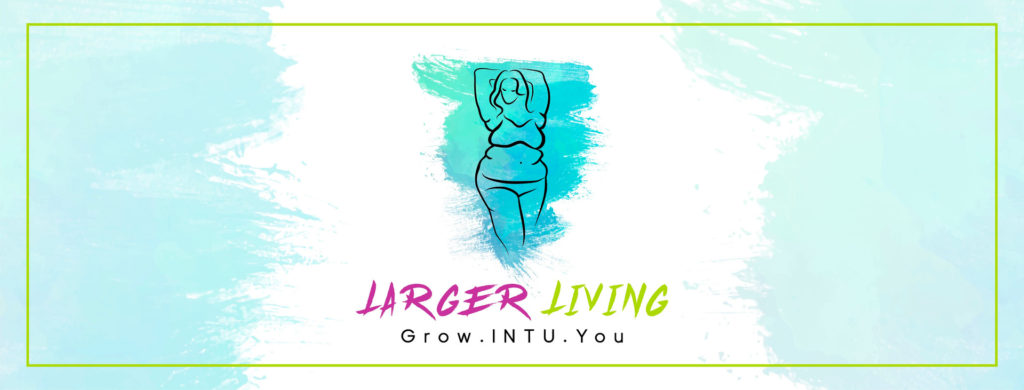 Green and blue brush strokes in the background with a green frame and a fat person in the center; the text reads "larger living"