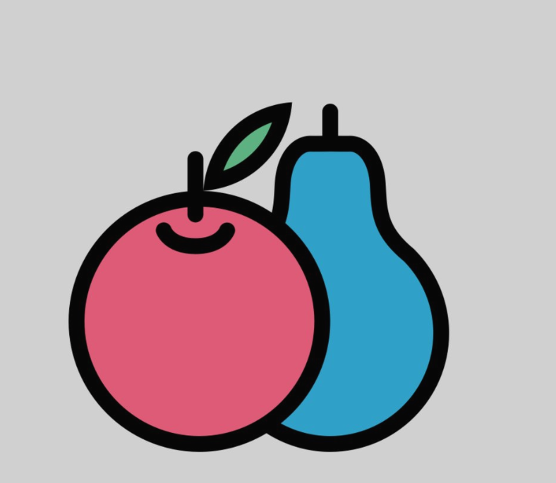 An apple and a blue pear on a beige background