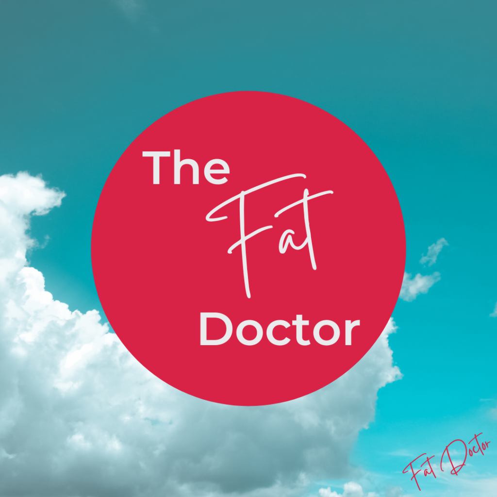 A blue sky with clouds in the background with a red circle in the center with text that reads "The Fat Doctor"