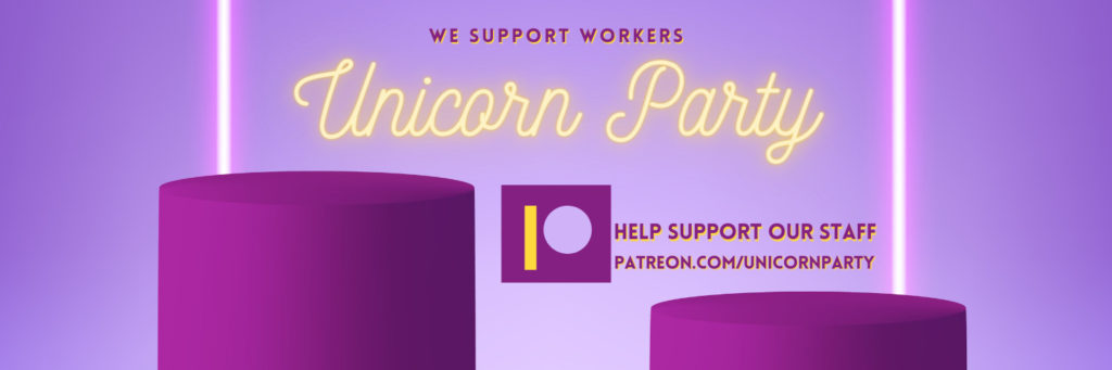 Text reading "We support workers: Unicorn Party" on a purple background with two neon lines and two purple cylinders