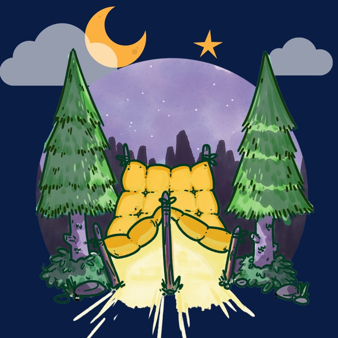 An illustration of a tent made of a yellow quilt in a nighttime forest. Warm light spills out of the tent.