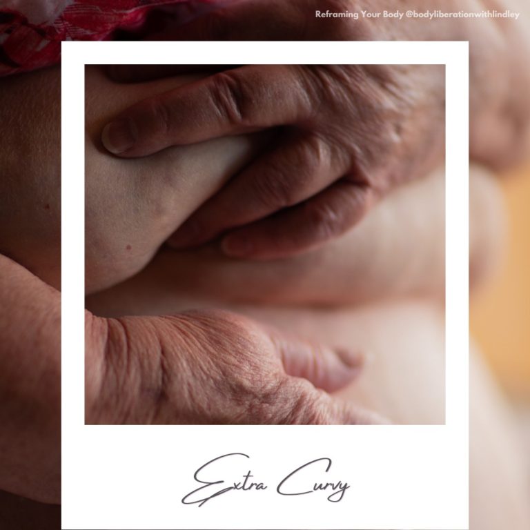 An older white woman's hands grasping her belly rolls. A faux polaroid frame is on top with today's word written on the frame.