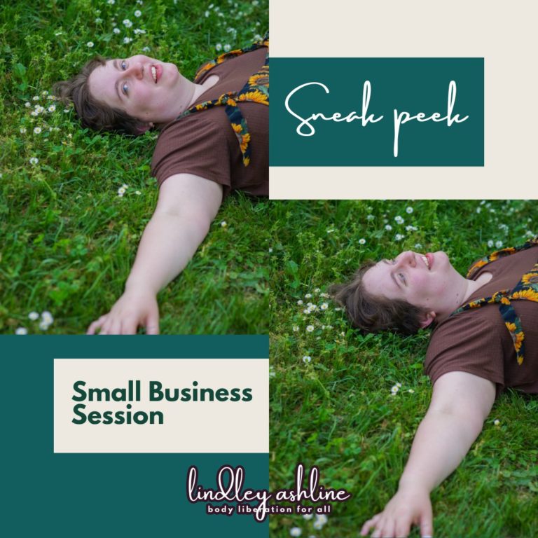 A collage of two photos of a white person with short brown hair, a brown shirt and sunflower overalls lying in grass and small flowers. In one shot, they're smiling towards the sky, and in the other, smiling at the camera.