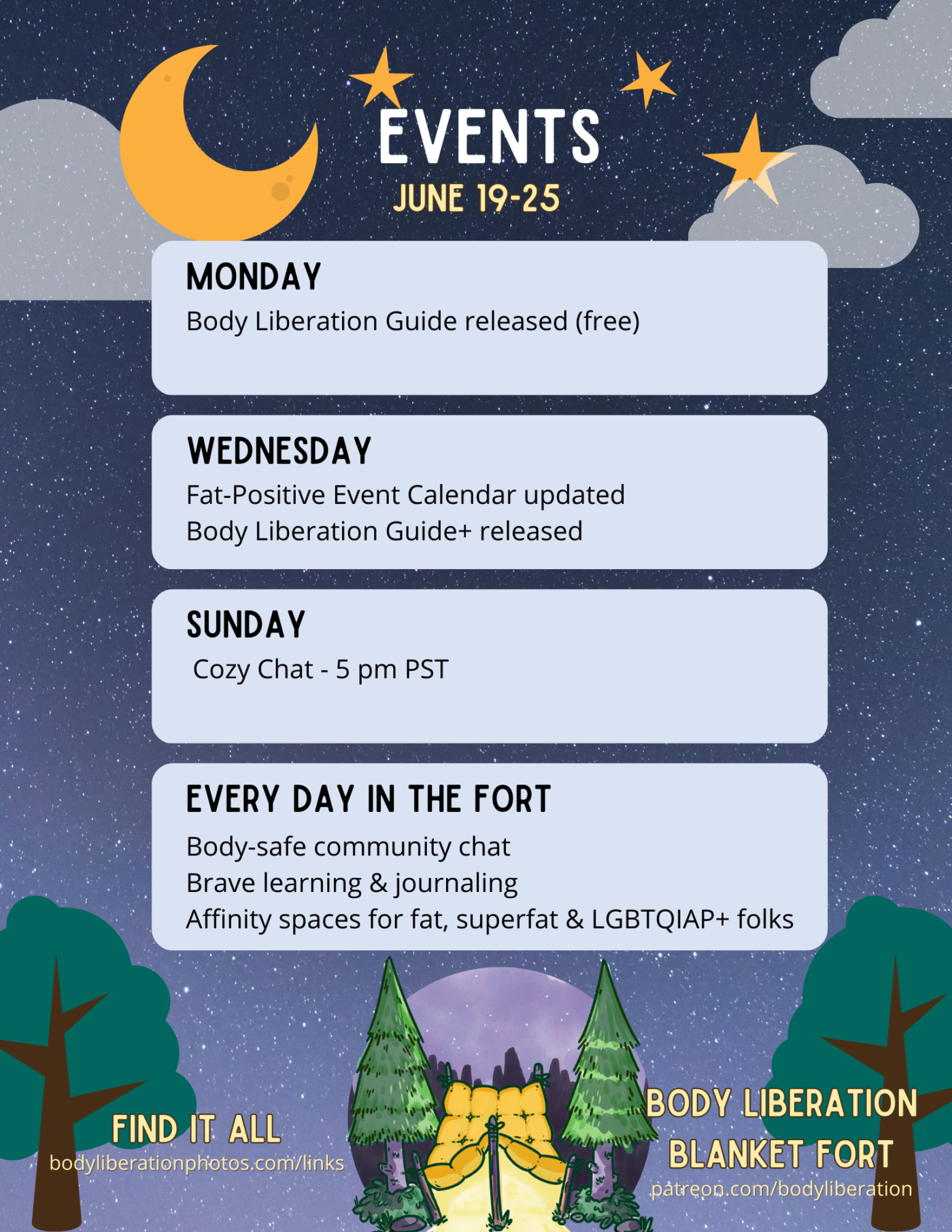 Next week's schedule for the Body Liberation Blanket Fort, a body-positive safer space
