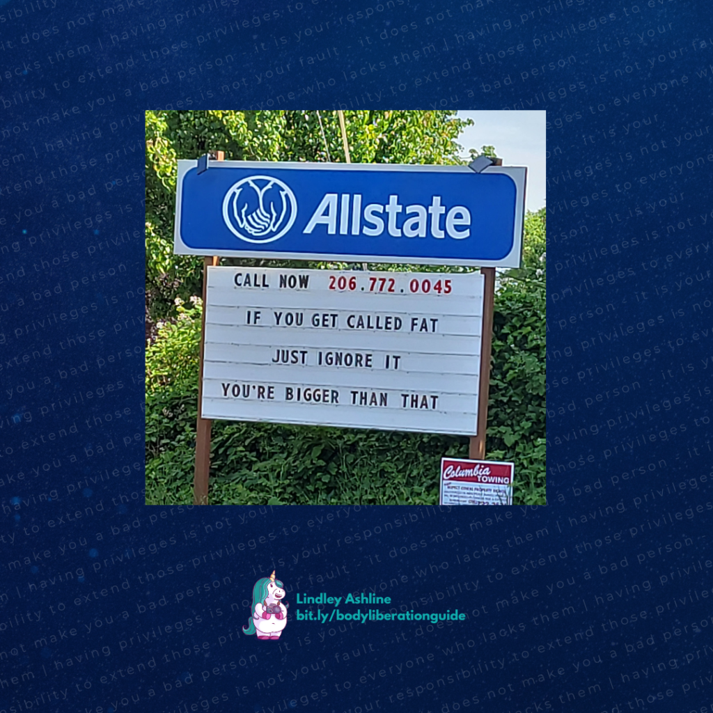 The second image has the same background, plus a photo of an Allstate insurance sign with a casually bigoted fat joke.