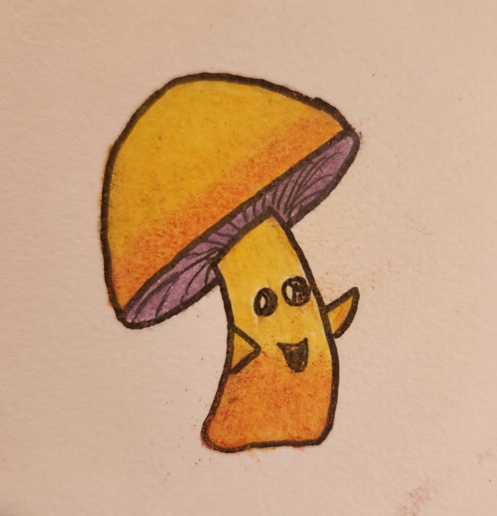A yellow mushroom happily dances with its arms out to one side