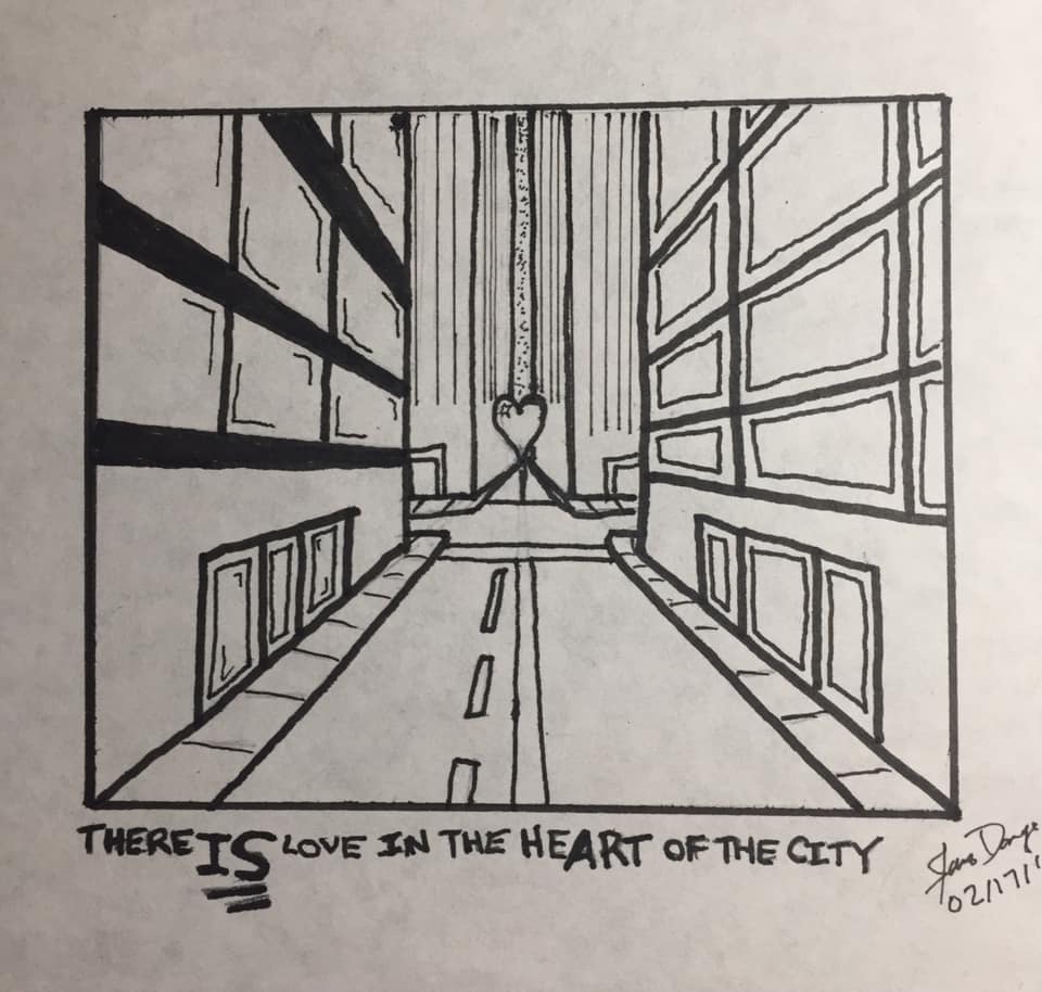 A perspective drawing of a city pointing towards a heart at the center; Text below it reads "There IS love in the heart of the city" 