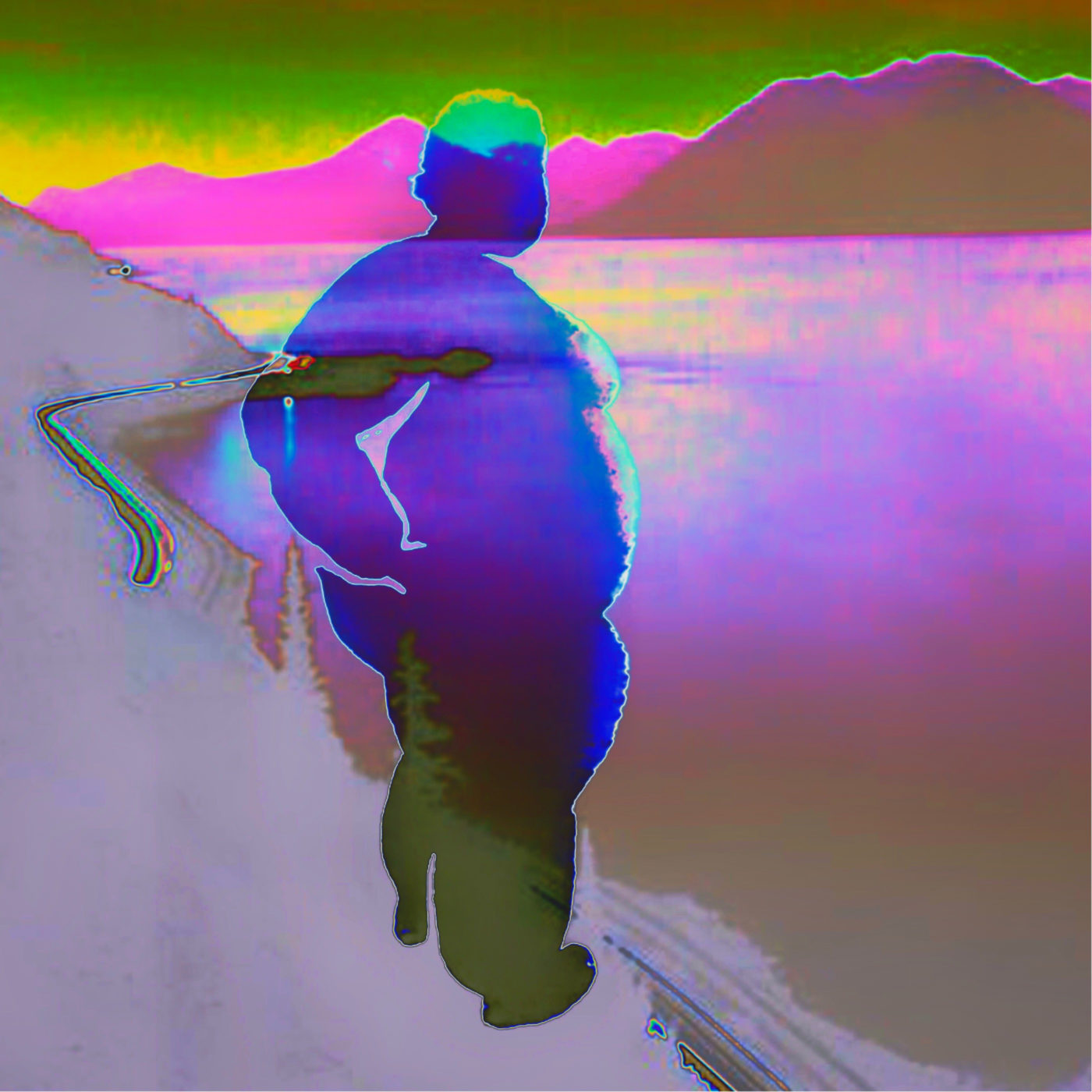 Digital art of a fat translucent silhouette overlaid on a bright false-color scene of a large river or lake with mountains in the background and a road twisting along the near shoreline.