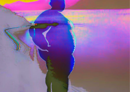Digital art of a fat translucent silhouette overlaid on a bright false-color scene of a large river or lake with mountains in the background and a road twisting along the near shoreline.