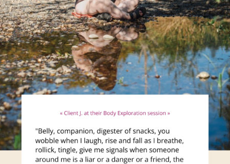 A photo of a fat white woman exploring her stomach rolls at a body positive photo session in the Pacific Northwest. Text reads, « Client J. at their Body Exploration session » "Belly, companion, digester of snacks, you wobble when I laugh, rise and fall as I breathe, rollick, tingle, give me signals when someone around me is a liar or a danger or a friend, the site of my hunger (my aliveness), receiver of rubs and kisses from mother and lovers, layer of warmth, inspirer of gasps and of erections in tight short dresses, you move with me, a sign of my indelible perfection." » Virgie Tovar