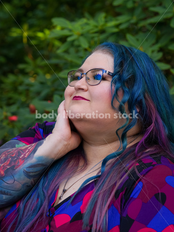 Body Liberation Stock Photo: A Plus Size Woman with Colorful Hair with a Wistful Expression - It's time you were seen ⟡ Body Liberation Photos