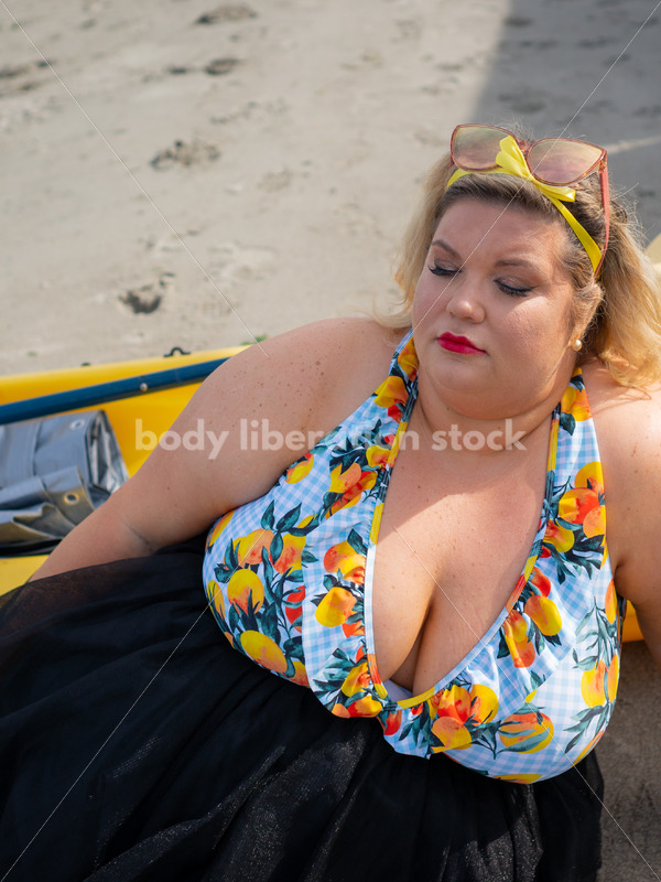 Body-Positive Stock Photo: Plus Size Woman in a Blue Swimsuit and Skirt Coverup - It's time you were seen ⟡ Body Liberation Photos