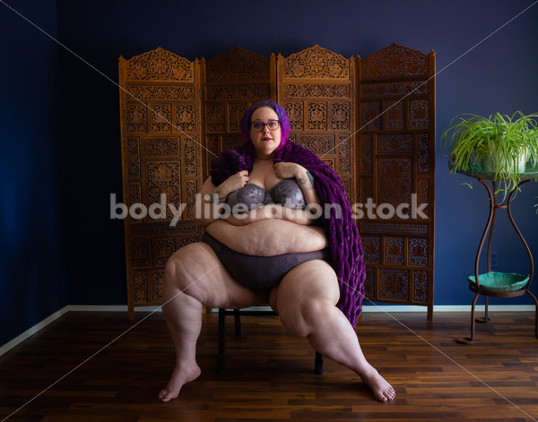 Fat-Positive Stock Photo: Plus-Size Woman Poses with a Purple Cape - Body Liberation Photos