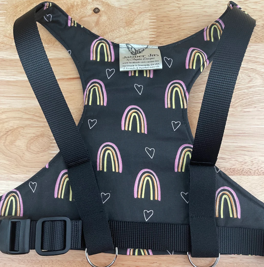 A rainbow pattern harness laid against a wood background