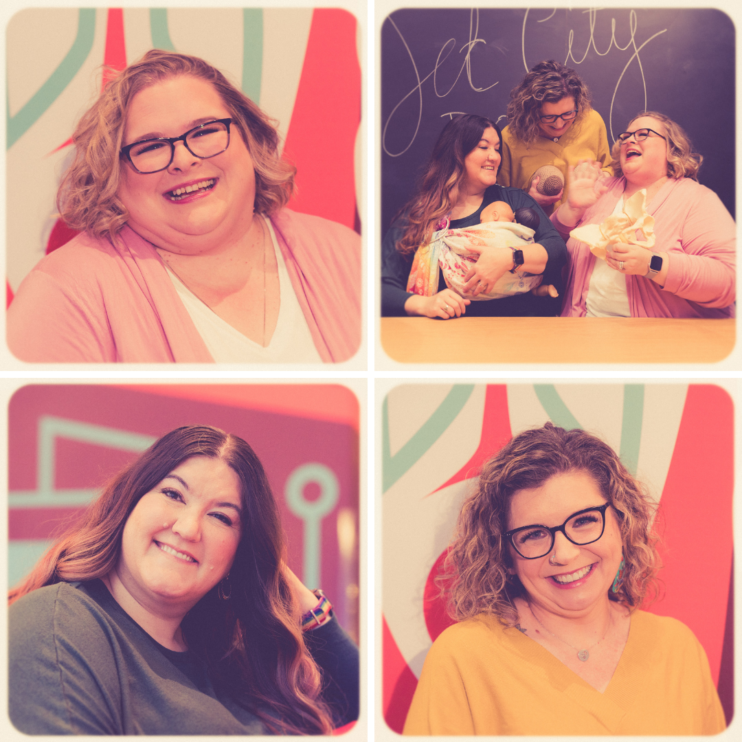 A collage of three women's headshots and a shot of them laughing together with birthing-related props and a doll, all in washed-out retro colors.