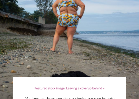A fat white woman in a swimsuit with her back to a discarded cover-up on a beach, with a quote from Jenna Sauers that reads, "As long as there persists a single, narrow beauty ideal we are all instructed to live up to, none of us will live up to it."