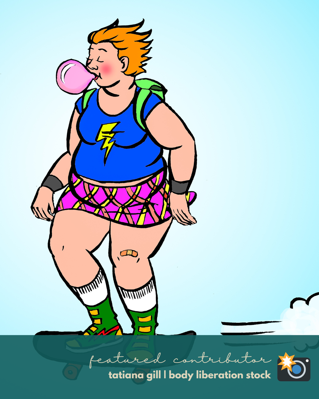 An illustration of a fat white person with orange hair riding a skateboard and blowing a chewing gum bubble.