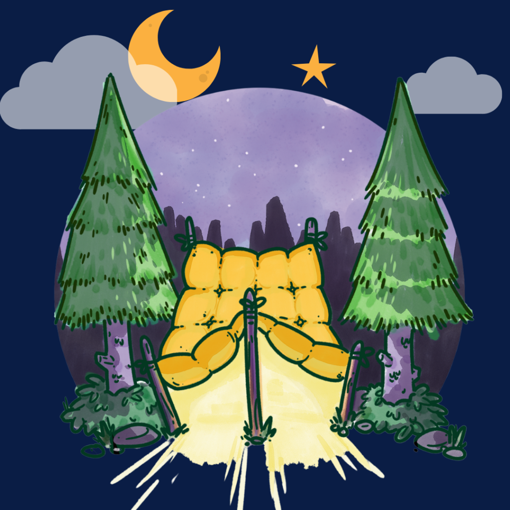 An illustration of a camping tent made from a blanket in a nighttime forest, with light spilling out. It's the logo of the Body Liberation Blanket Fort, a body-positive community and event space.