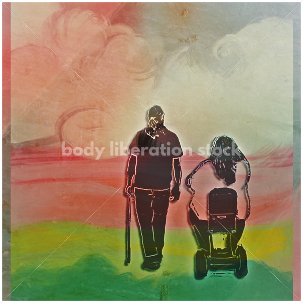 Illustrated Art Stock: Couple Into the Sunset with Mobility Aids [Body Liberation Stock exclusive] - Body Liberation Photos & Stock