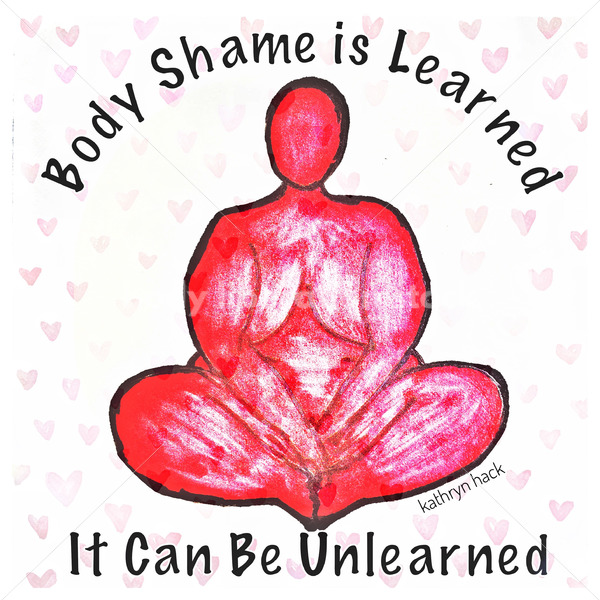 Illustrated Art Stock: Plus Size Woman in Shades of Red “Body Shame is Learned it Can Be Unlearned” - Body Liberation Photos & Stock