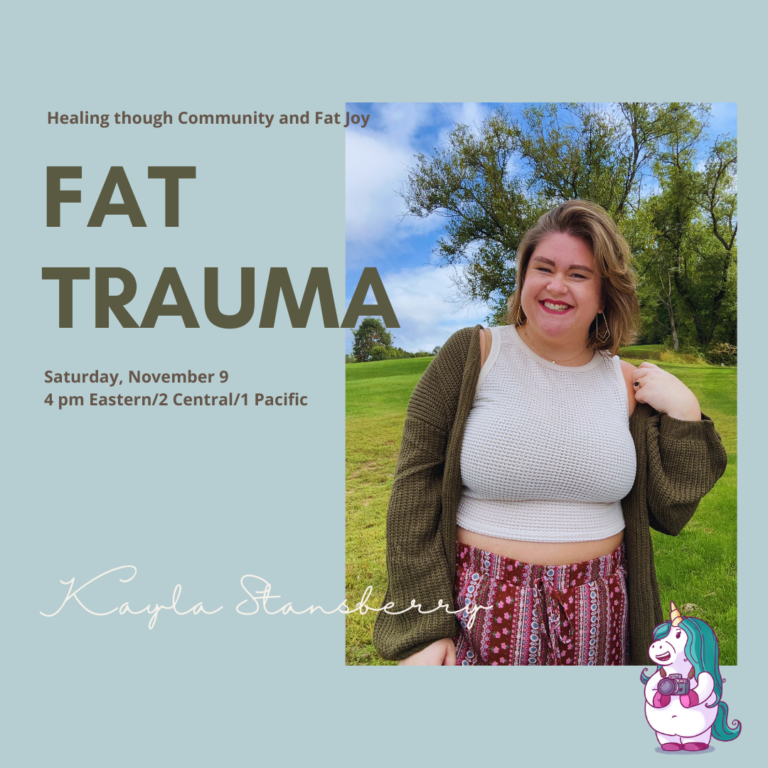 A photo of Kayla, a fat white person, standing on a field of green grass and looking happy along with the event info.