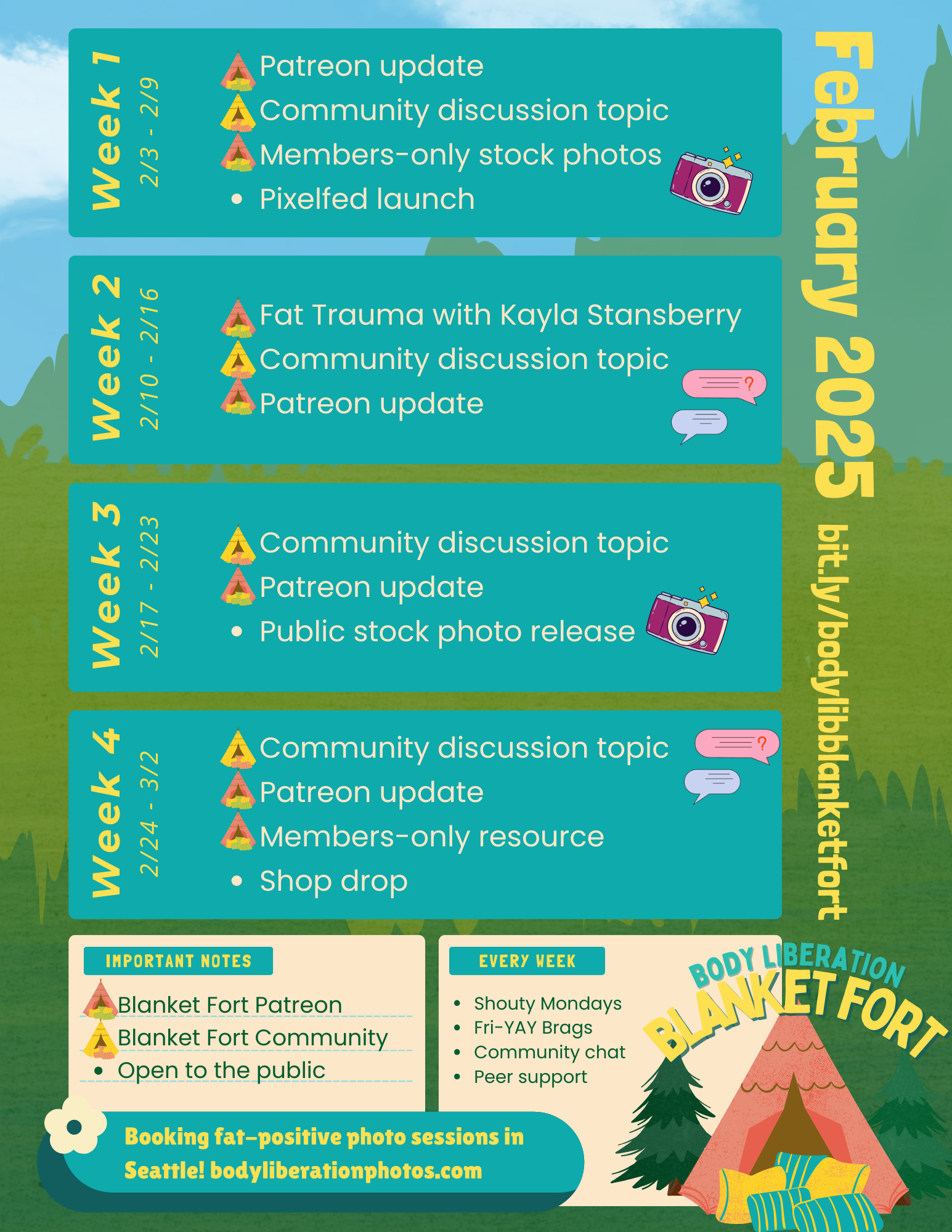 A summer camp-themed infographic with the event listings contained in this post.